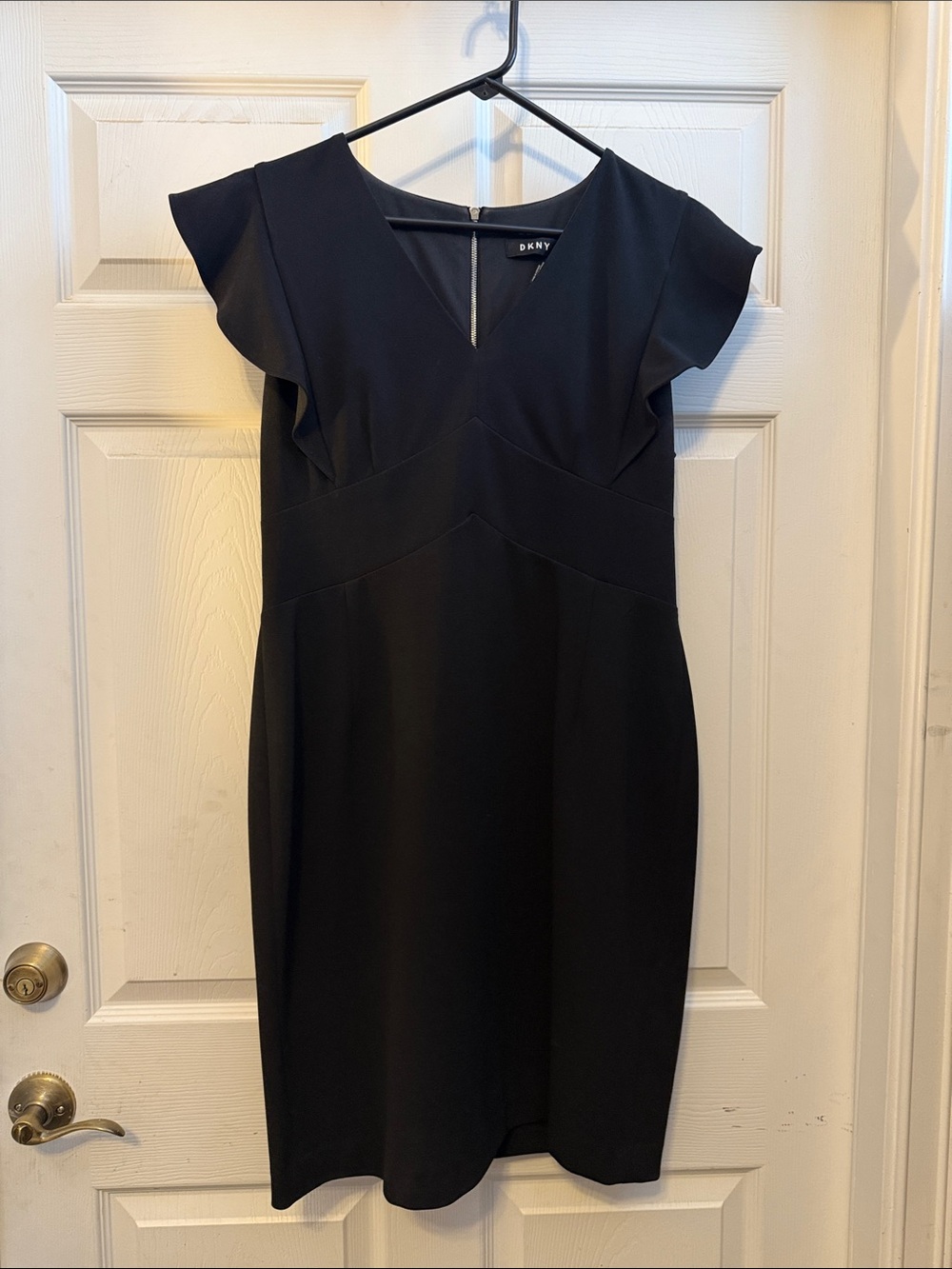DKNY Black V‑Neck Flutter Sleeve Midi Dress